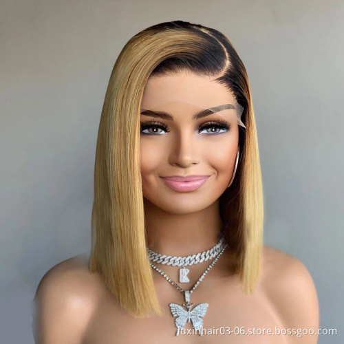 Buy Highlight 1b Honey Brown Color Straight Full Lace Bob Pixie Cut Straight Human Hair Short Lace Front Wigs for Black Women